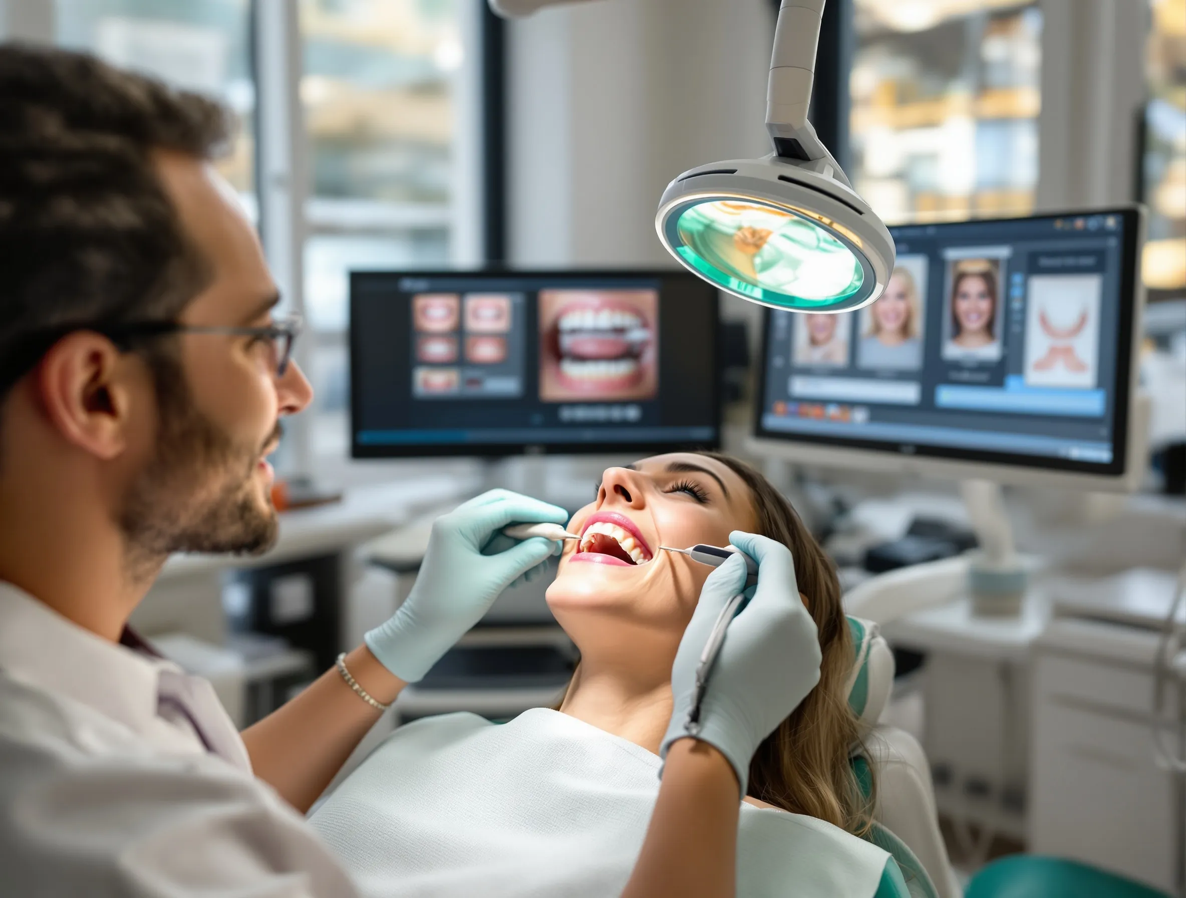 Dentist performing a digital smile assessment while reviewing treatment simulations on computer monitors with a patient.