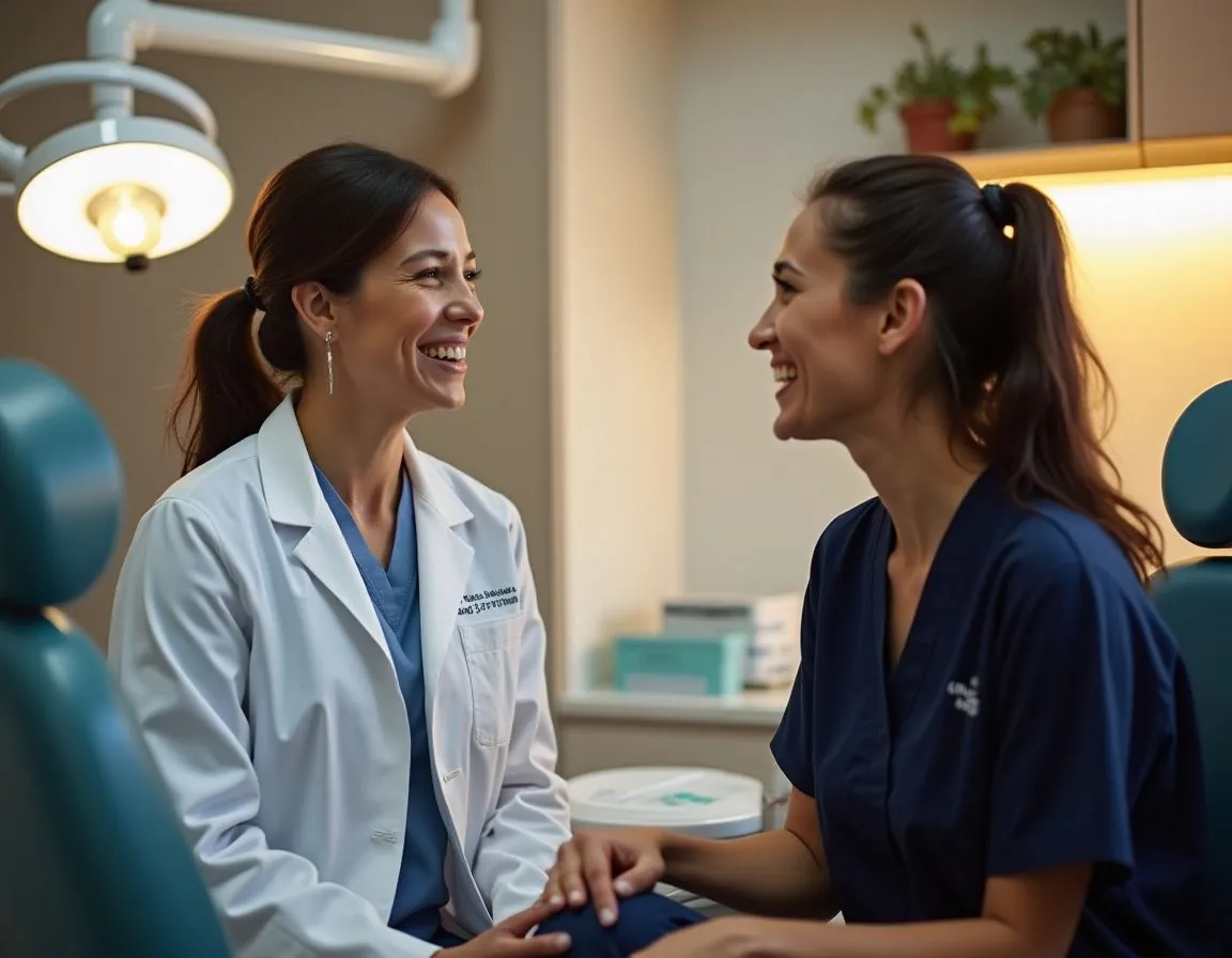 Friendly dentist and patient sharing a positive conversation during a dental consultation in a comfortable treatment room.