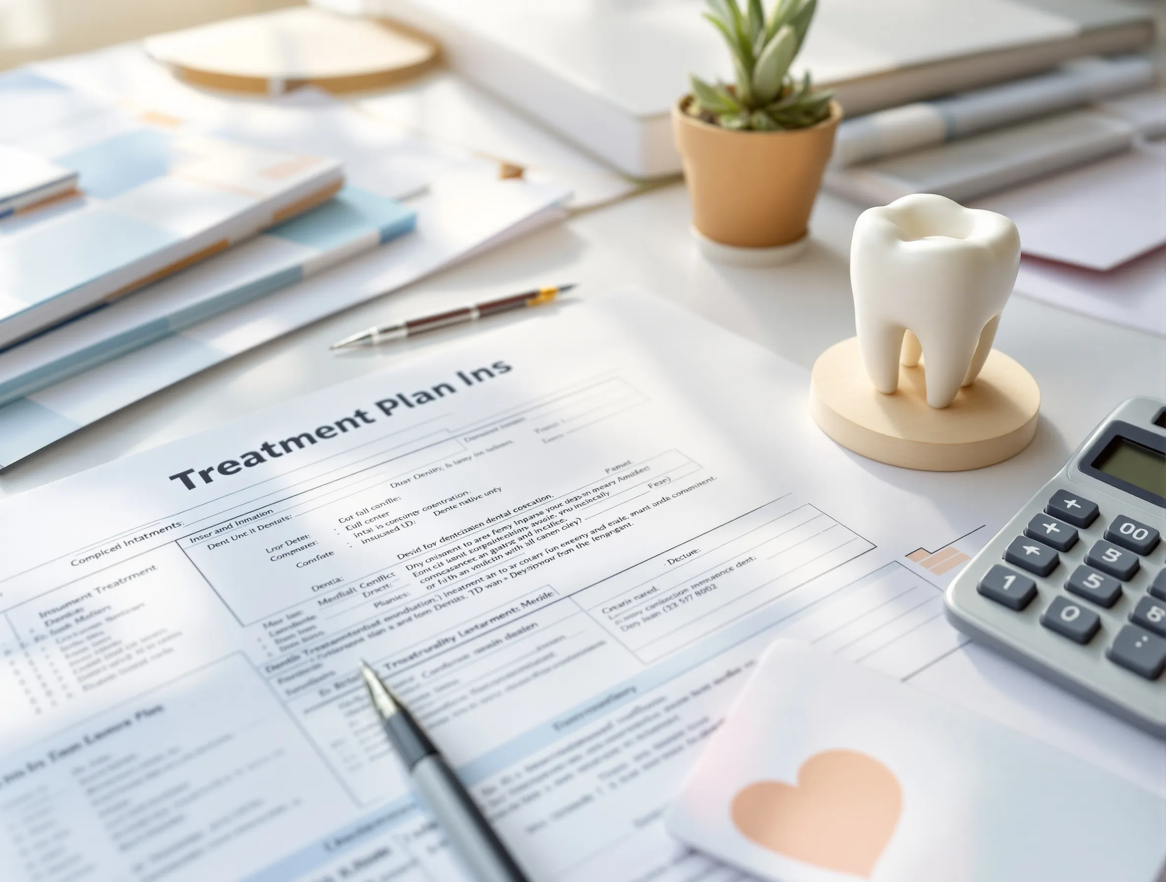 Dental treatment plan documents, financing paperwork, calculator, and tooth model arranged on a consultation desk.