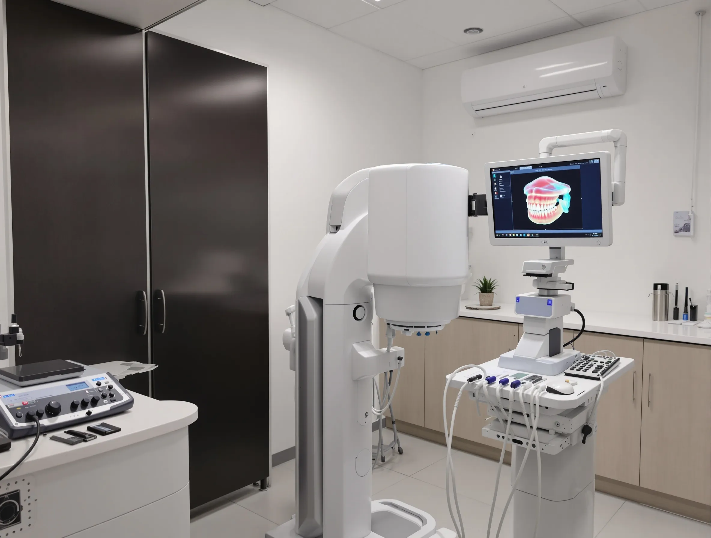 Modern dental treatment room equipped with advanced monitoring systems, dental instruments, and a patient comfortably resting in the treatment chair.