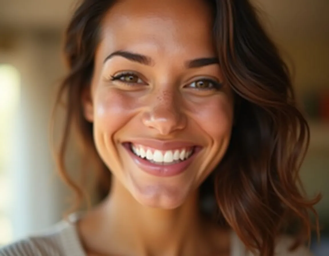 Close-up portrait of a smiling woman showcasing healthy white teeth and a confident smile after cosmetic dental treatment.