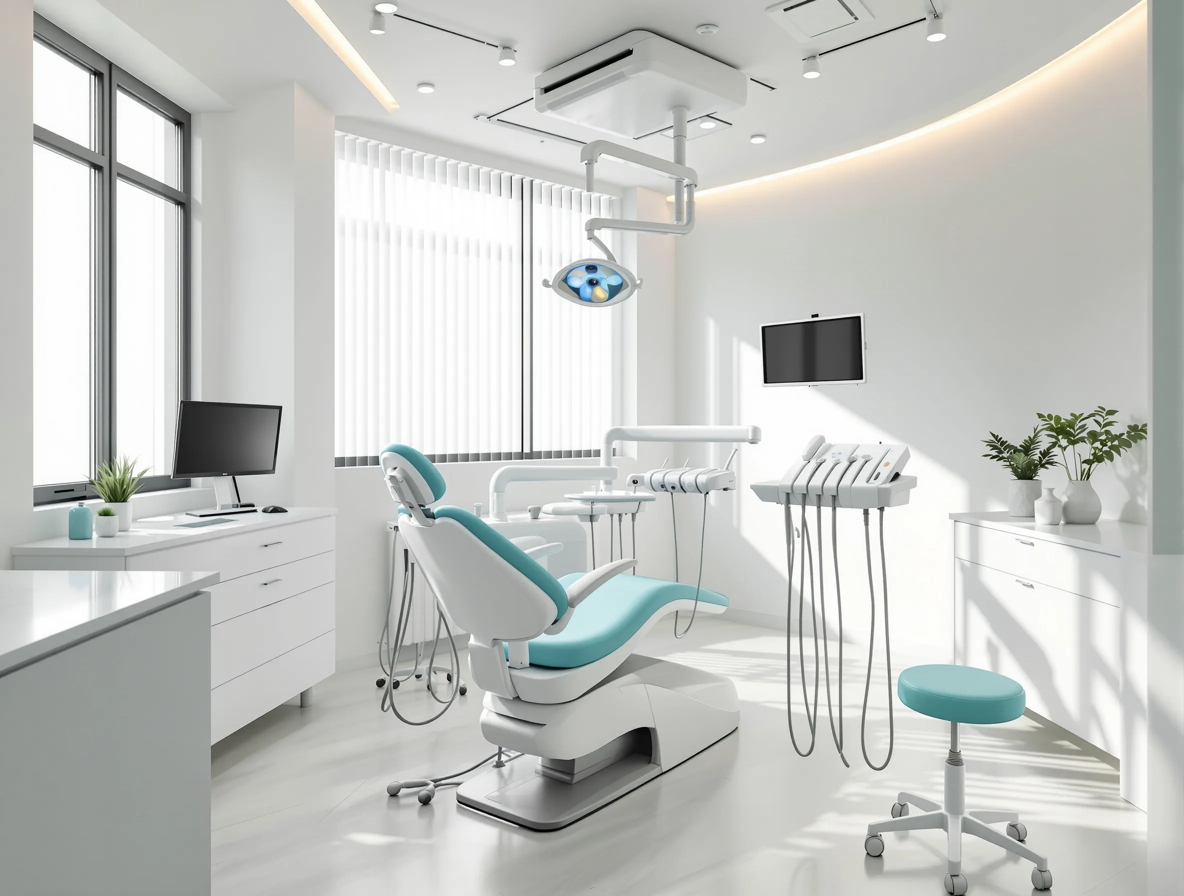 Bright and modern dental treatment room featuring advanced equipment and a clean minimalist design.