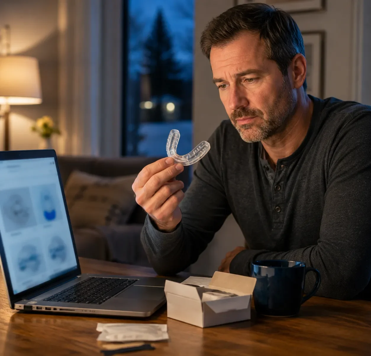 Man examining an online anti-snoring mouthpiece while researching snoring appliances