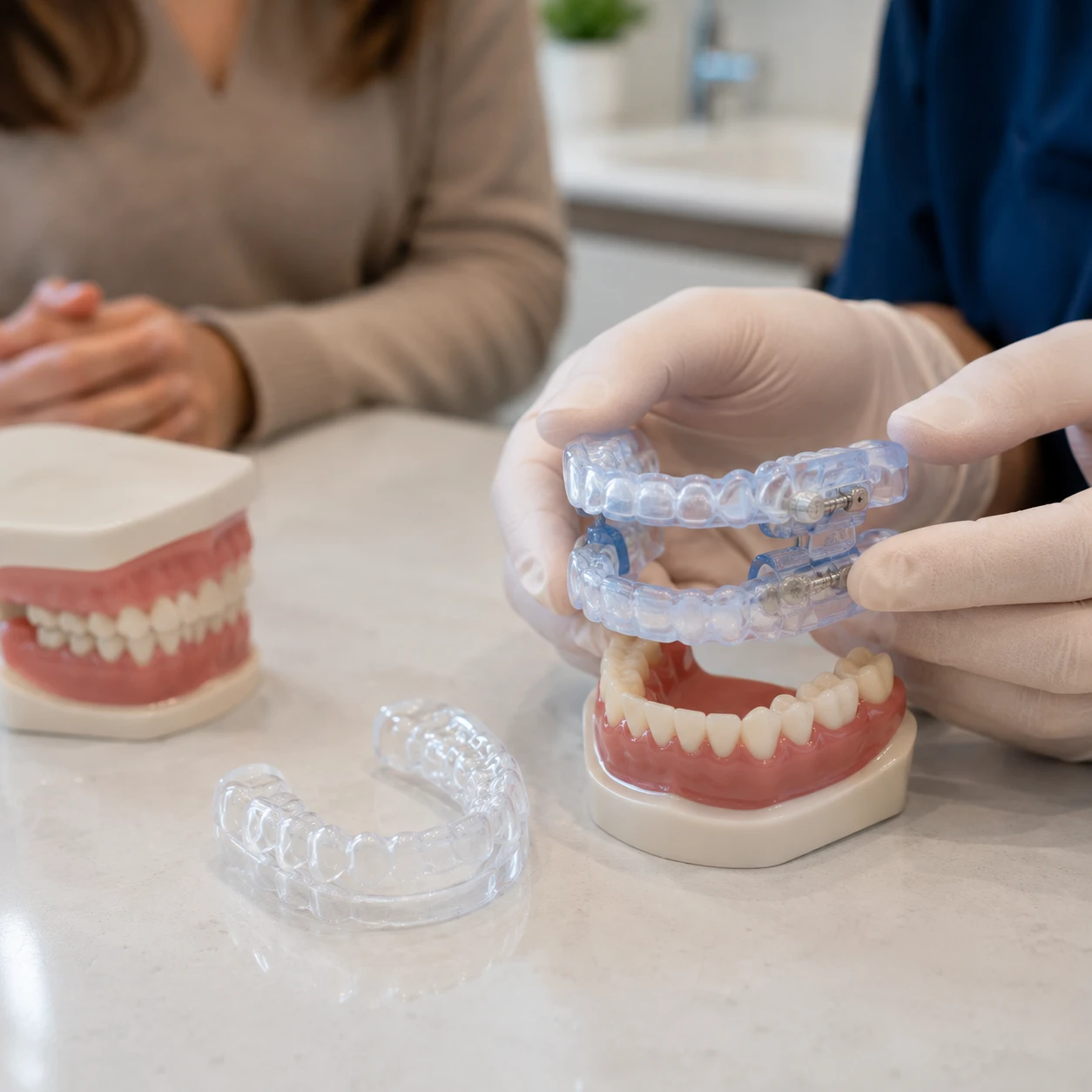 Dentist explaining the difference between a custom snoring oral appliance and a conventional nightguard.