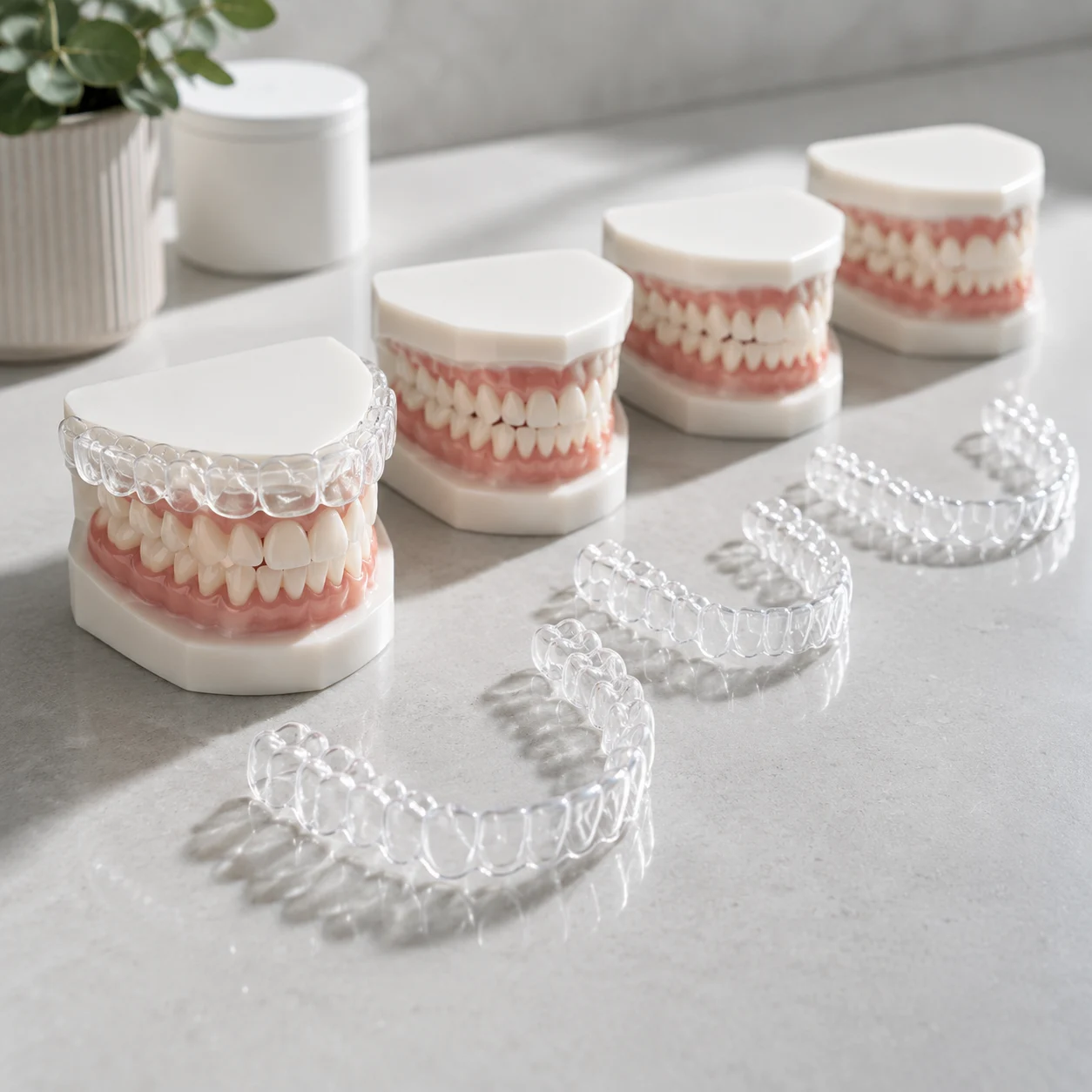 Sequence of custom clear aligner trays showing how teeth are gradually guided into new positions.