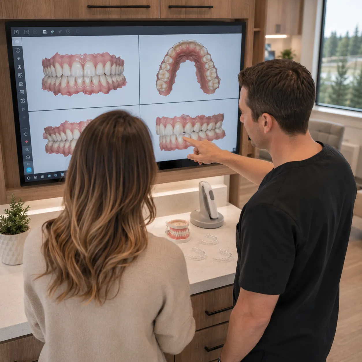 Dentist reviewing clear aligner treatment planning and overall smile health with a patient in Cold Lake.
