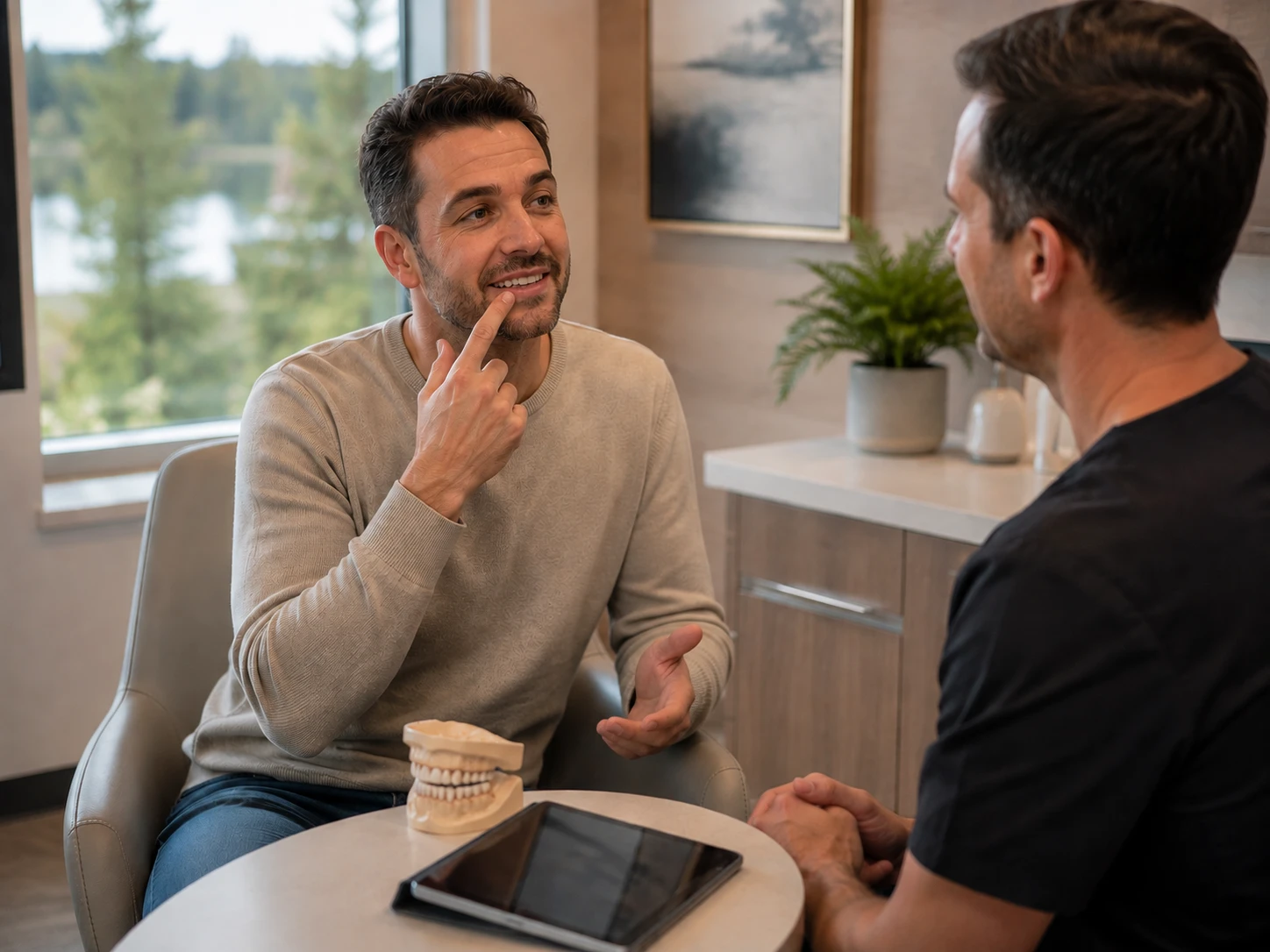 Patient discussing chipped and uneven teeth during a personalized veneer consultation.