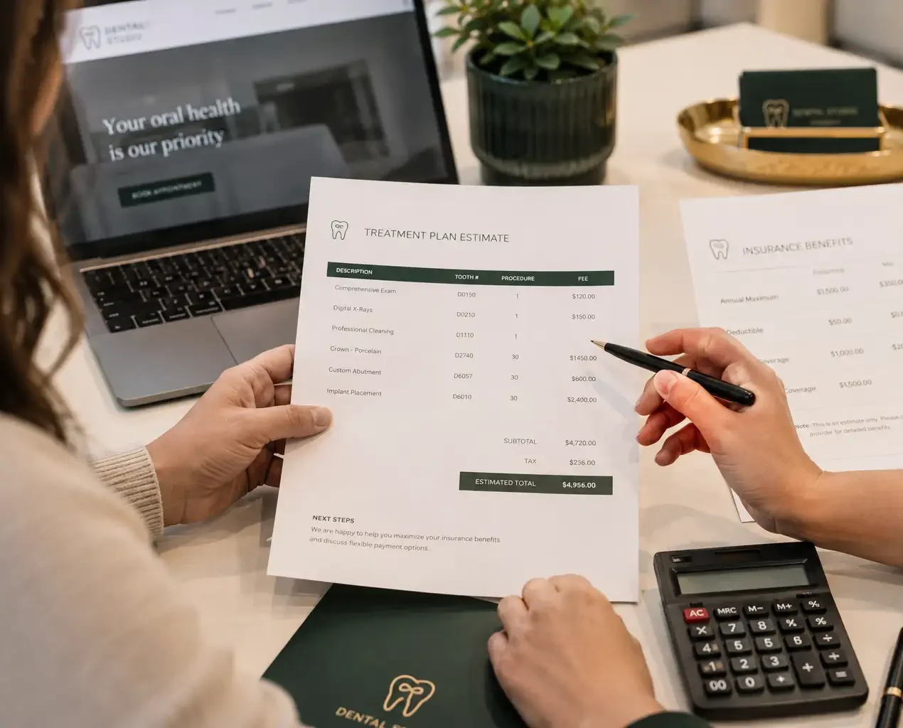 Patient reviewing a dental treatment estimate and insurance benefits before deciding on care.