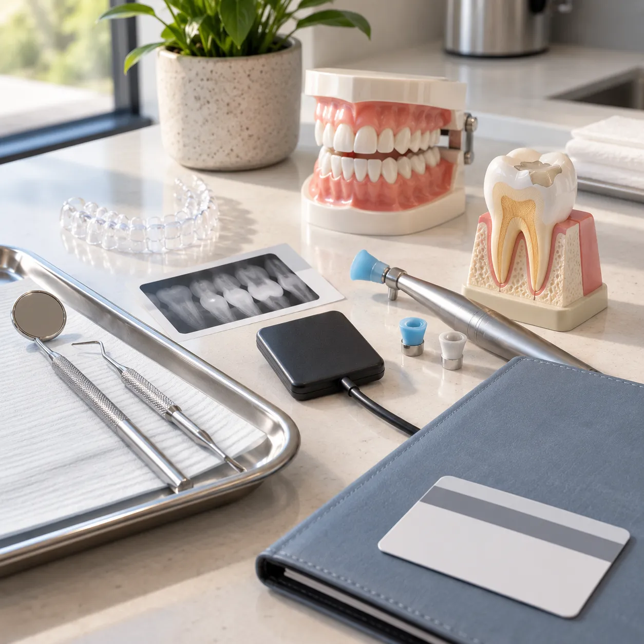 Dental instruments and diagnostic tools representing different types of oral healthcare that may qualify for CDCP coverage.