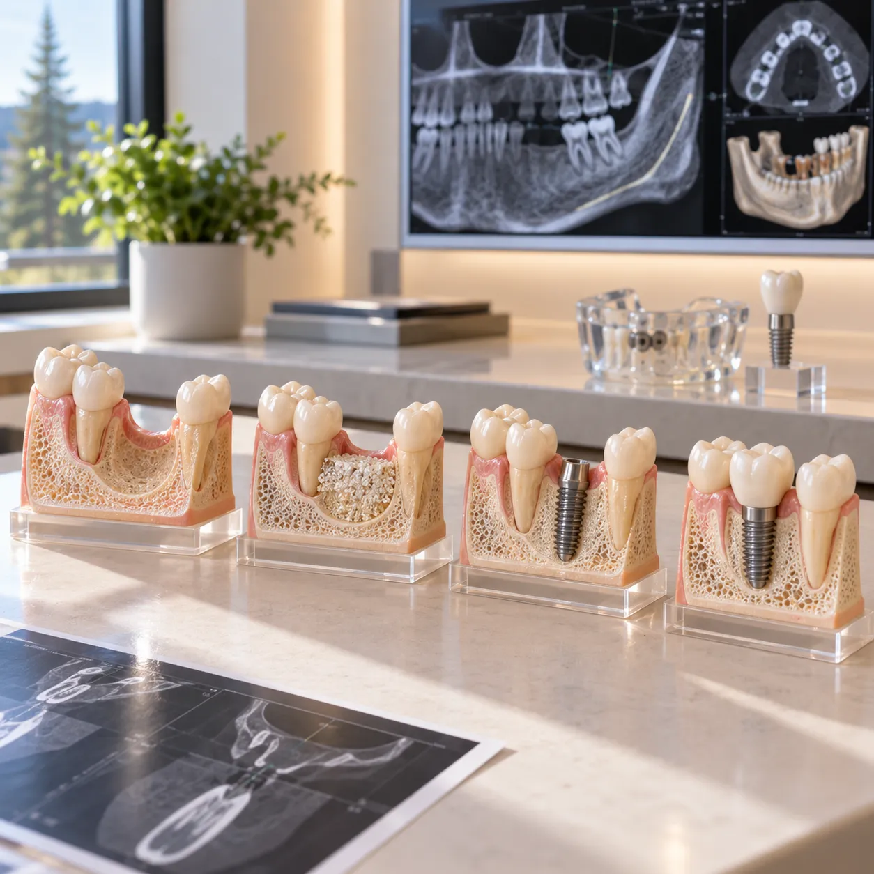 Dental implant treatment models showing how bone grafting can fit into the larger tooth replacement process.