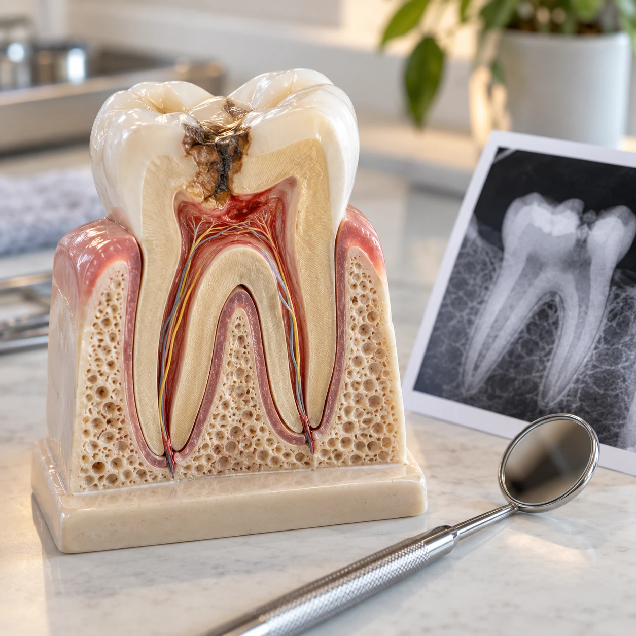 Cross-section model of a decayed molar showing the tooth pulp and root canals beside a dental X-ray