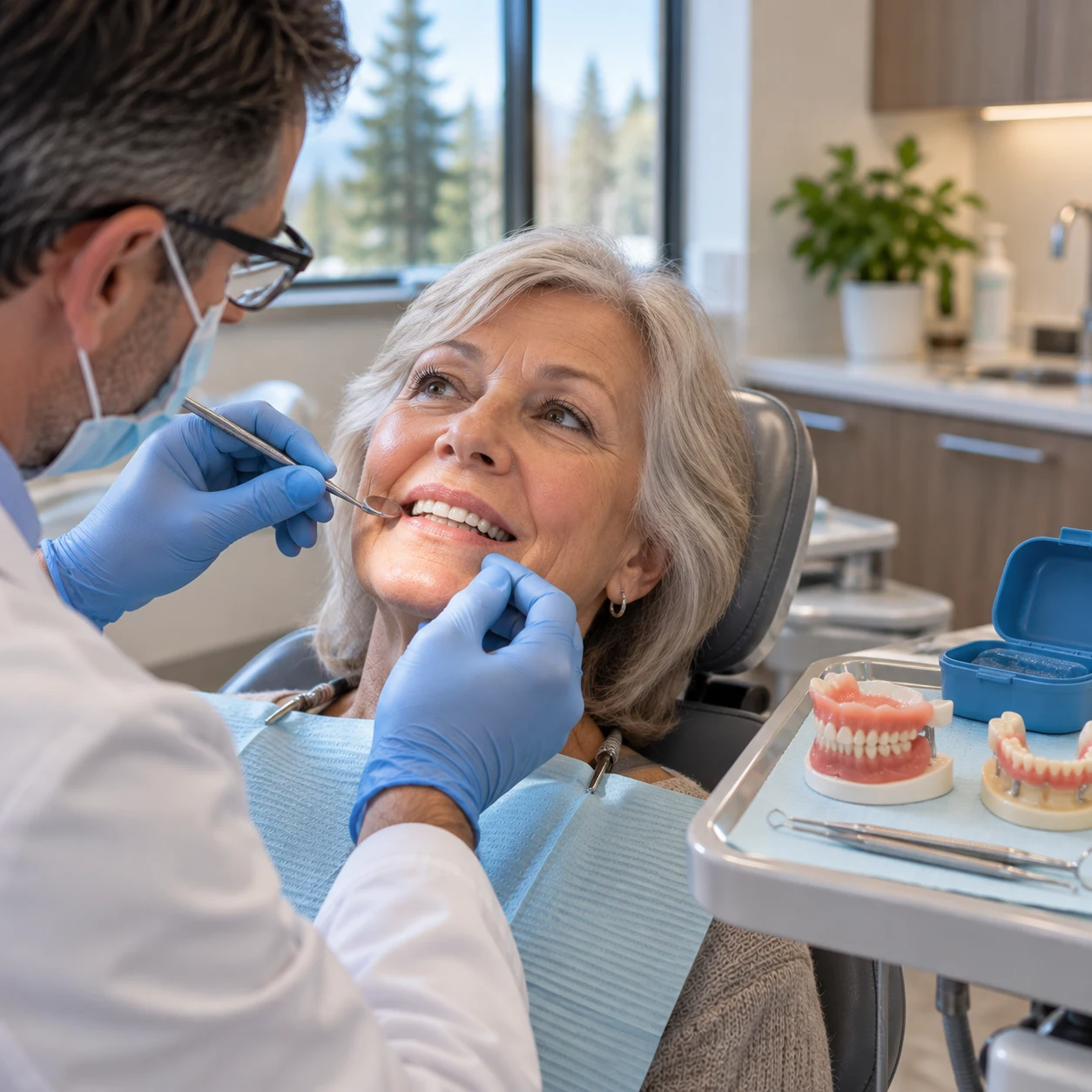 Dental professional carefully checking the fit and bite of a denture during a follow-up appointment.