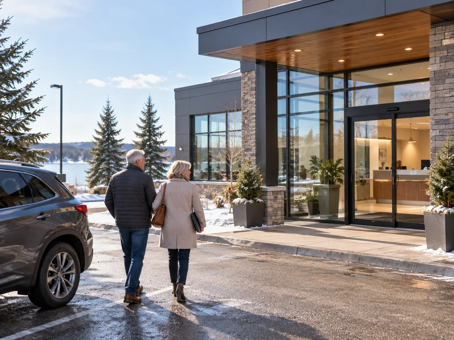 Older couple arriving at a Cold Lake dental clinic from the surrounding Lakeland region for denture care.